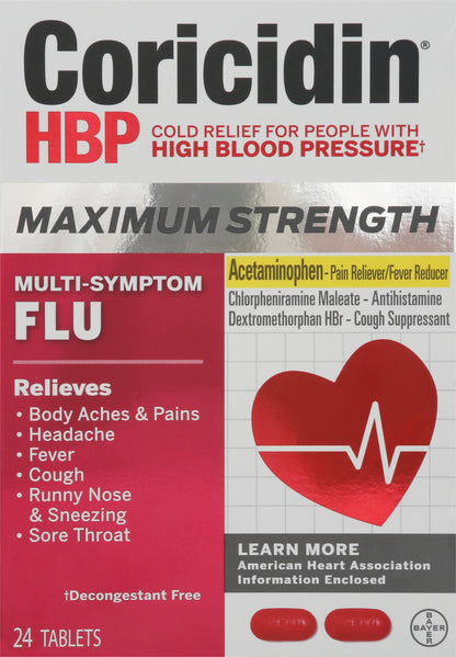 Coricidin HBP Maximum Strength Multi-Symptom Flu 24 Tablets