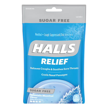 Halls Relief Sugar Free Mountain Menthol Flavor Cough Suppressant/Oral Anesthethic 25 ea