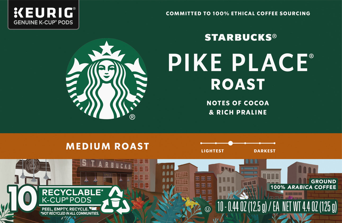 Starbucks Medium Roast K-Cup Pods Ground 100% Arabica Pike Place Roast Coffee 10 - 0.44 oz Pods