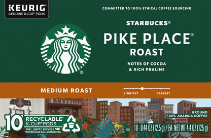 Starbucks Medium Roast K-Cup Pods Ground 100% Arabica Pike Place Roast Coffee 10 - 0.44 oz Pods