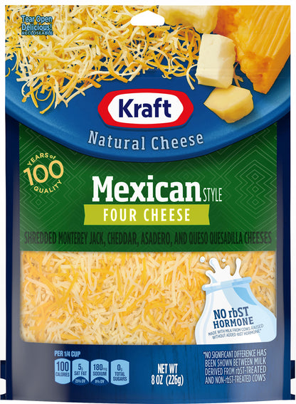 Kraft Mexican Style Four Cheese Blend Shredded Cheese, 8 oz Bag