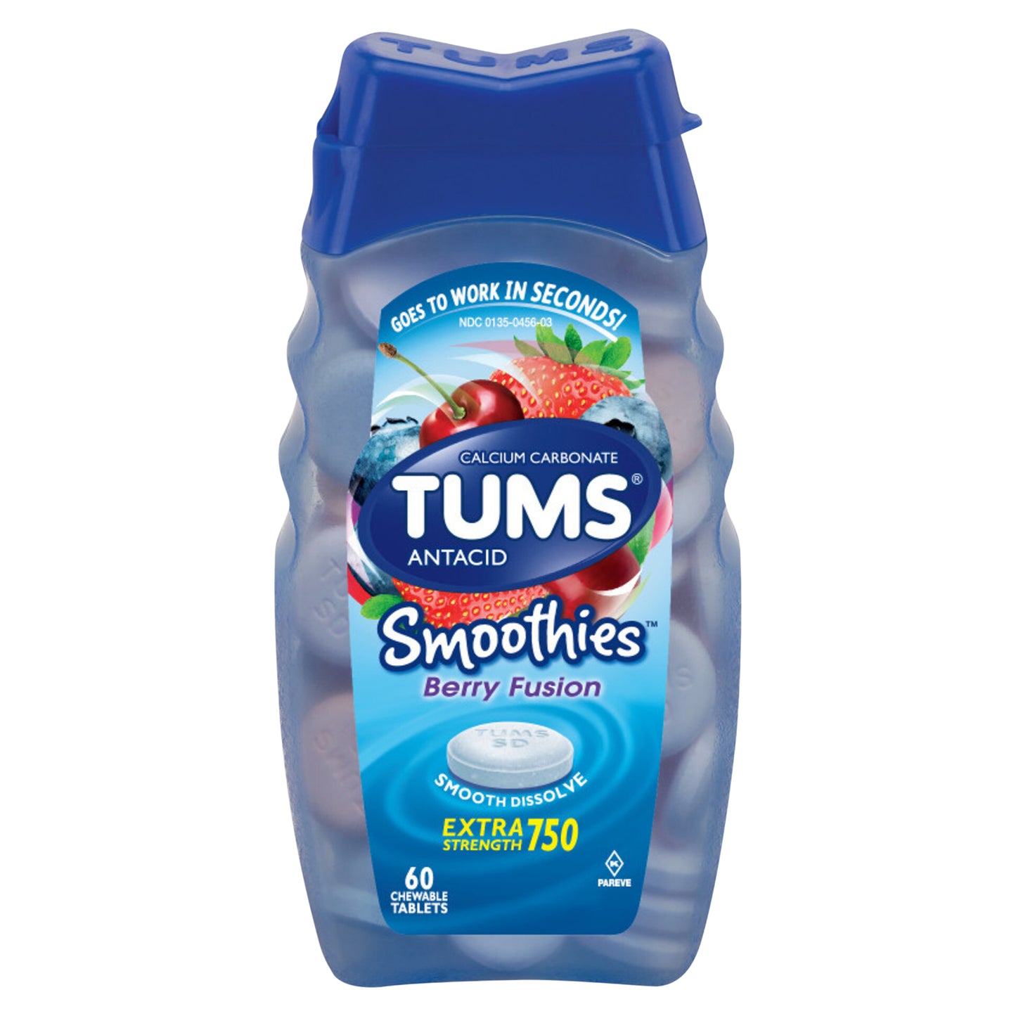 TUMS Smoothies Chewable Antacid Tablets for Extra Strength Heartburn Relief, Berry Fusion - 60 Count