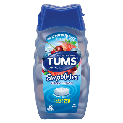 TUMS Smoothies Chewable Antacid Tablets for Extra Strength Heartburn Relief, Berry Fusion - 60 Count