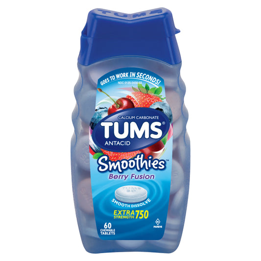 TUMS Smoothies Chewable Antacid Tablets for Extra Strength Heartburn Relief, Berry Fusion - 60 Count