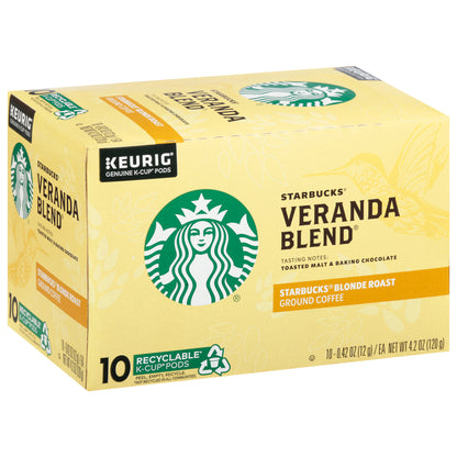 Starbucks K-Cup Pods Blonde Roast Ground Veranda Blend Coffee 10 - 0.42 oz ea