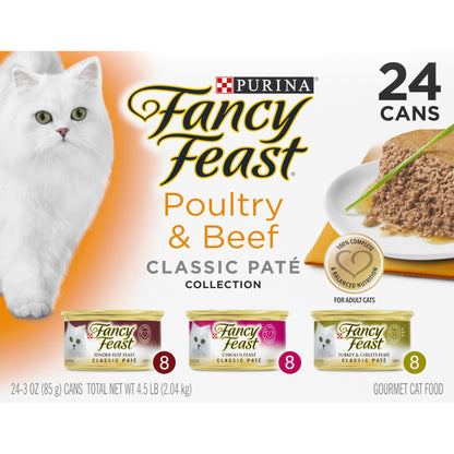 Purina Fancy Feast Grain Free Pate Wet Cat Food Variety Pack, Poultry & Beef Collection - (24) 3 oz.