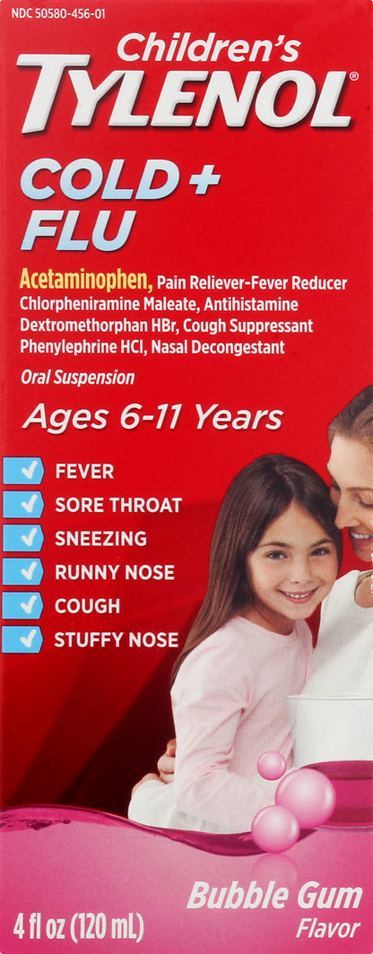 Children's Tylenol Oral Suspension Bubble Gum Flavor Cold + Flu 4 oz