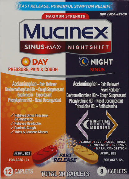 Mucinex Maximum Strength Sinus-Max/Nightshift 20 Caplets Box