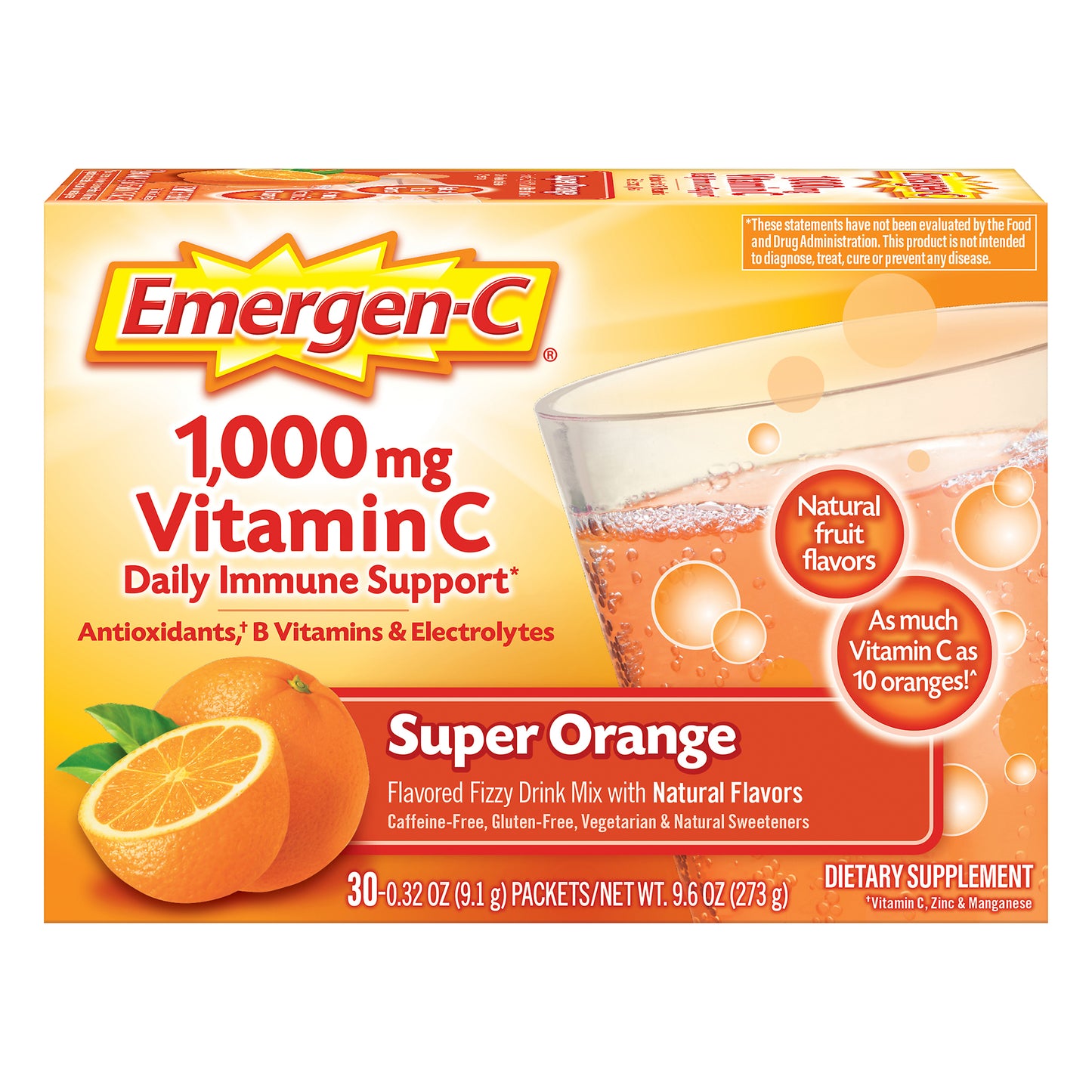 Emergen-C Vitamin C 1000mg Powder (30 Count, Super Orange Flavor, 1 Month Supply), With Antioxidants