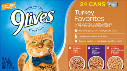 9Lives Turkey Favorites Wet Cat Food Variety Pack, 5.5-Ounce Cans (Pack of 24)