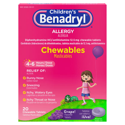 Children's Benadryl Allergy Relief Chewable Tablets, Grape, 20 ct