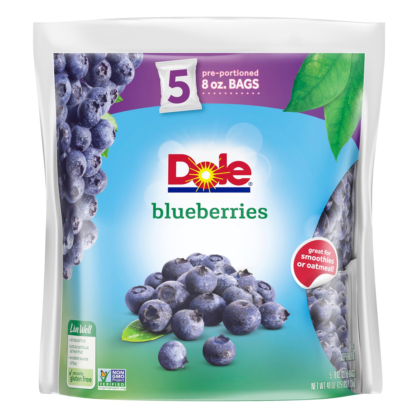 DOLE Frozen Blueberries, 40 Ounce Bag with 5 Pre-Portioned Packets