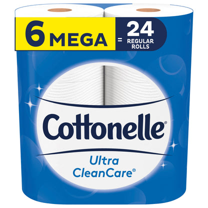 Cottonelle Ultra CleanCare Toilet Paper, 6 Mega Rolls, Strong Bath Tissue (6 Mega Rolls = 24 Regul