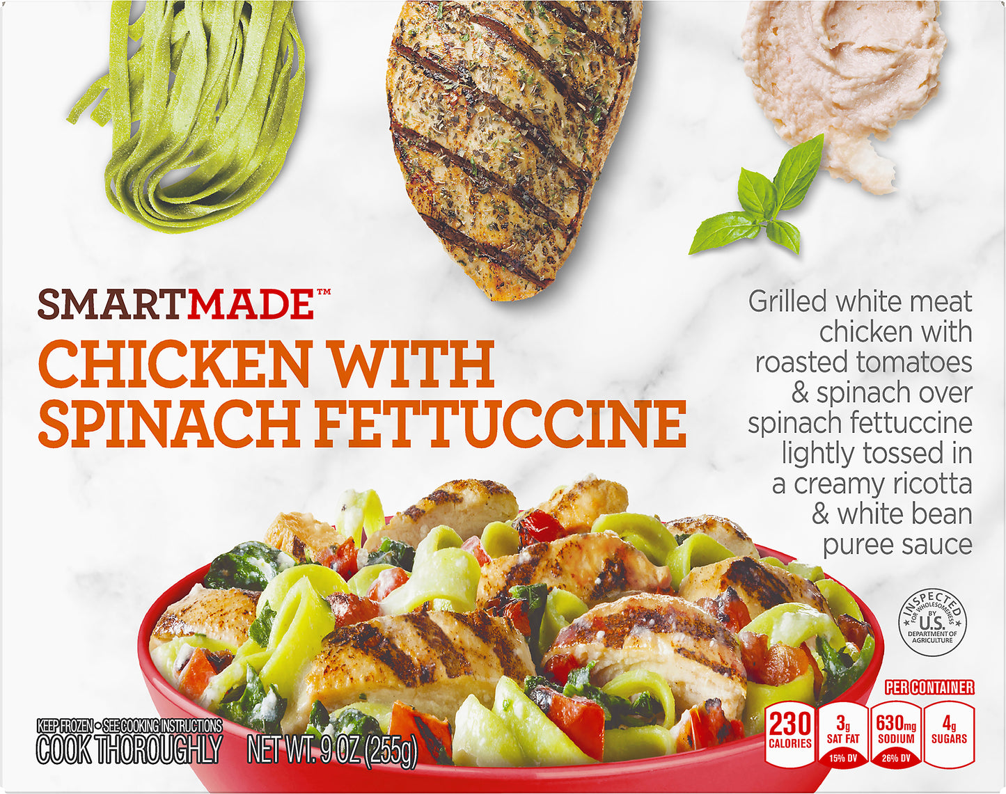 SmartMade Chicken with Spinach Fettuccine, Frozen Meal, 9 oz Box