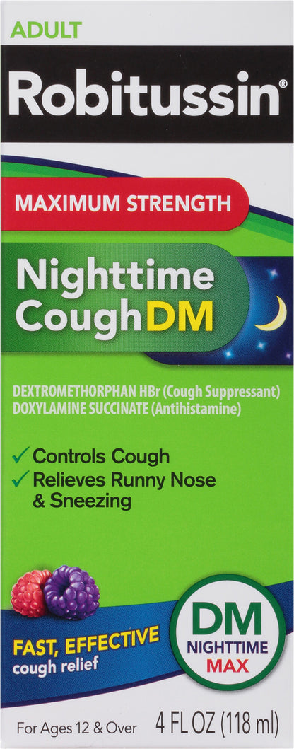 Robitussin Maximum Strength Nighttime Cough DM, Cough Medicine for Adults, Berry Flavor - 4 Fl Oz Bo