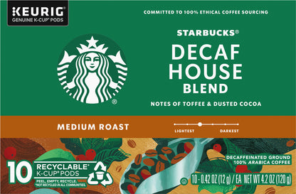 Starbucks K-Cup Pods Decaffeinated Medium Roast Ground 100% Arabica House Blend Coffee 10 - 0.42 oz