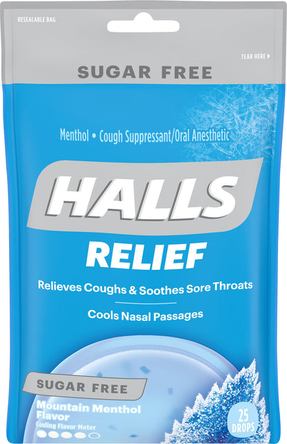 Halls Relief Sugar Free Mountain Menthol Flavor Cough Suppressant/Oral Anesthethic 25 ea