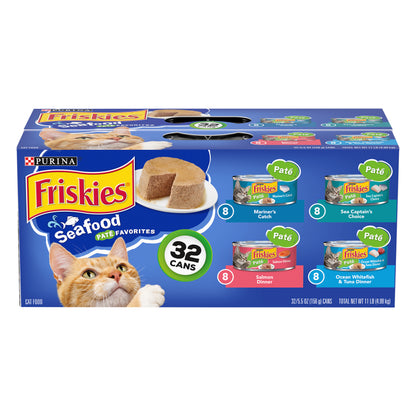 Purina Friskies Pate Wet Cat Food Variety Pack, Seafood Favorites - (32) 5.5 oz. Cans