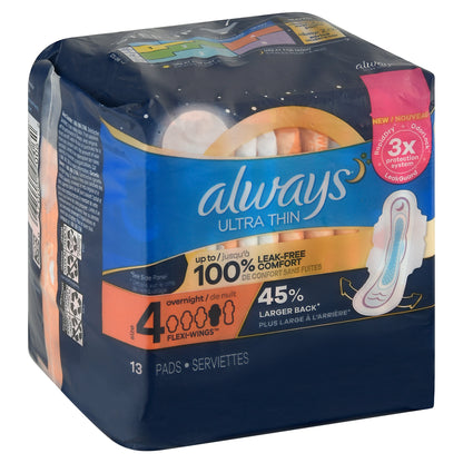 Always Ultra Thin Overnight Flexi-Wings Size 4 Pads 13 ea Bag