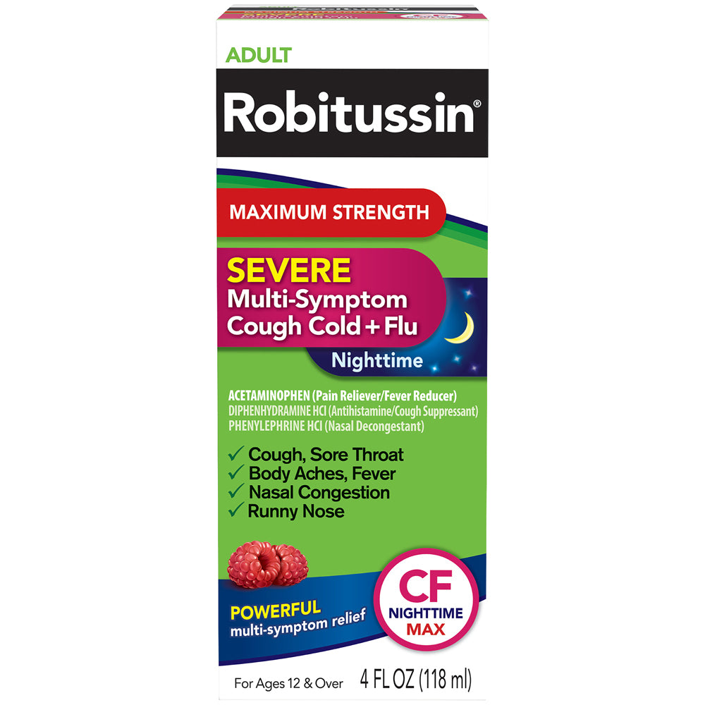 Robitussin Adult Maximum Strength Severe (4 fl. oz. Bottle) Multi-Symptom Cough, Cold + Flu CF Max,