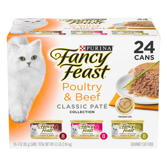 Purina Fancy Feast Grain Free Pate Wet Cat Food Variety Pack, Poultry & Beef Collection - (24) 3 oz.