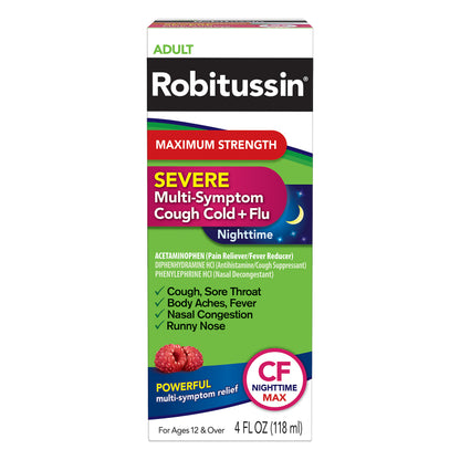 Robitussin Adult Maximum Strength Severe (4 fl. oz. Bottle) Multi-Symptom Cough, Cold + Flu CF Max,