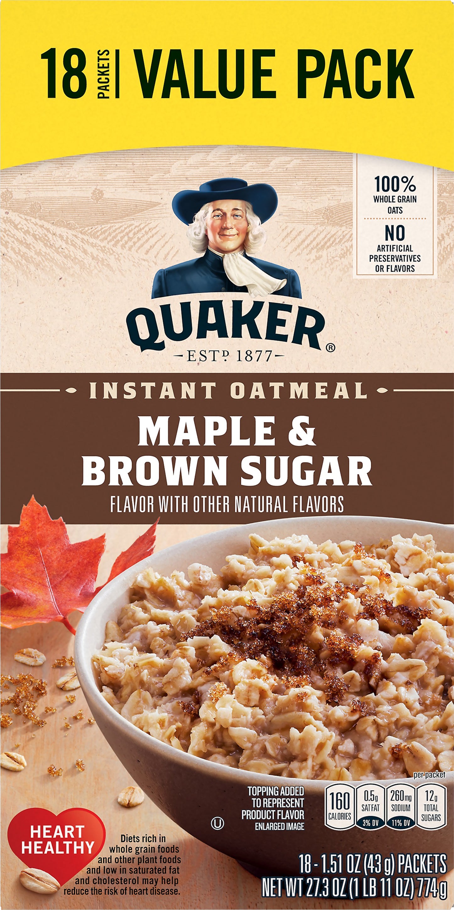 Quaker Value Pack Maple & Brown Sugar Instant Oatmeal 18 ea