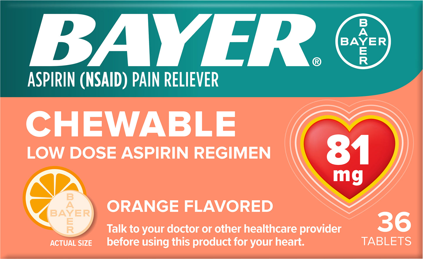 Bayer Chewable Low Dose Orange Flavored 81 mg Aspirin Tablets 36 ea Box