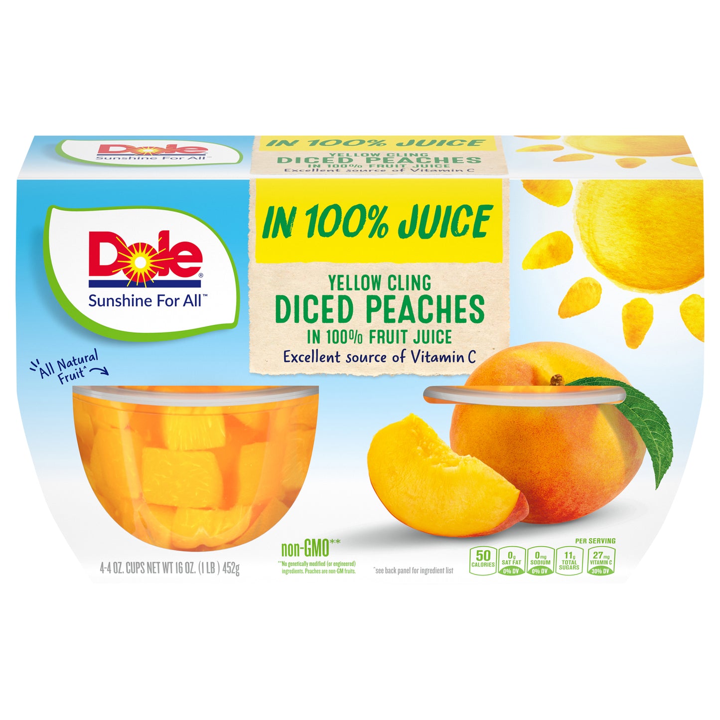 DOLE® Fruit Bowls® Yellow Cling Diced Peaches in 100% Fruit Juice 4 - 4 oz Cups