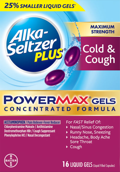 Alka-Seltzer Plus Powermax Gels Liquid Gels Maximum Strength Cold & Cough 16 ea Box
