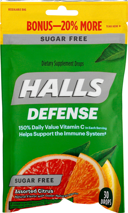 Halls Defense Sugar Free Assorted Citrus Drops 30 ea