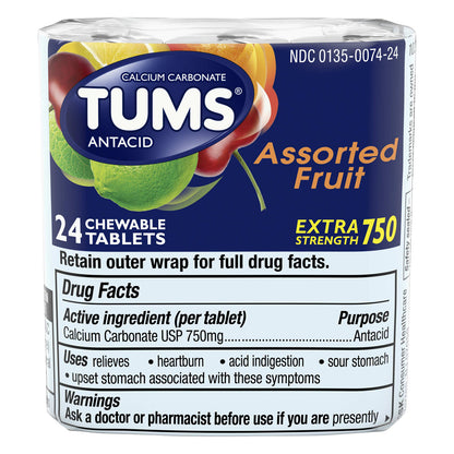 TUMS Chewable Antacid Tablets for Extra Strength Heartburn Relief, Assorted Fruit Flavors - 8 Count