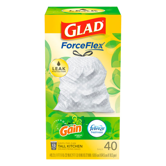 Glad ForceFlex 13 Gallon Drawstring Tall Gain Original Scent Kitchen Bags 40 ea