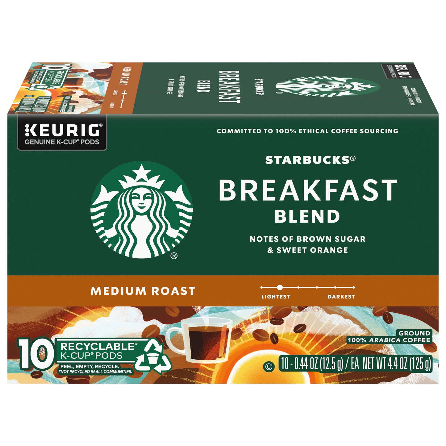 Starbucks K-Cup Pods Medium Roast Ground 100% Arabica Breakfast Blend Coffee 10 - 0.44 oz Pods
