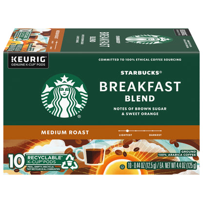 Starbucks K-Cup Pods Medium Roast Ground 100% Arabica Breakfast Blend Coffee 10 - 0.44 oz Pods