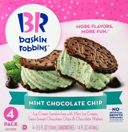 Baskin Robbins 4 Pack Mint Chocolate Chip Ice Cream Sandwiches 4 ea
