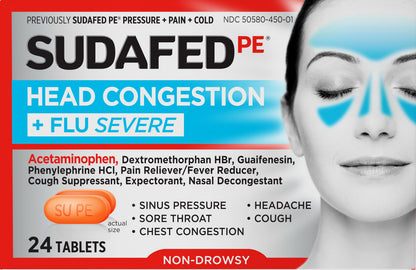 Sudafed PE Tablets Head Congestion + Flu Severe 24 ea