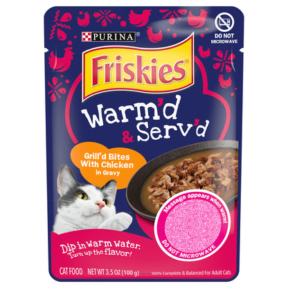 Purina Friskies Gravy Wet Cat Food, Warm'd & Serv'd Grill'd Bites With Chicken - 3.5 oz. Pouch