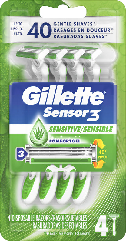 Gillette Sensor3 Sensitive Men's Disposable Razor, 4 Razors