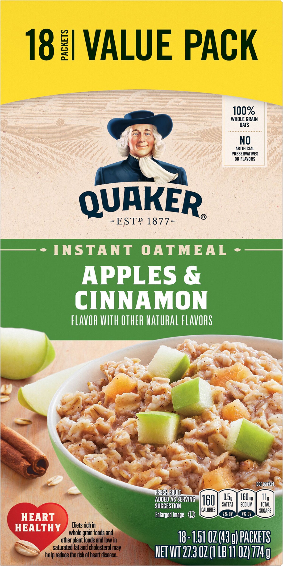 Quaker Instant Oatmeal Apple & Cinnamon 1.51 Oz 18 Count