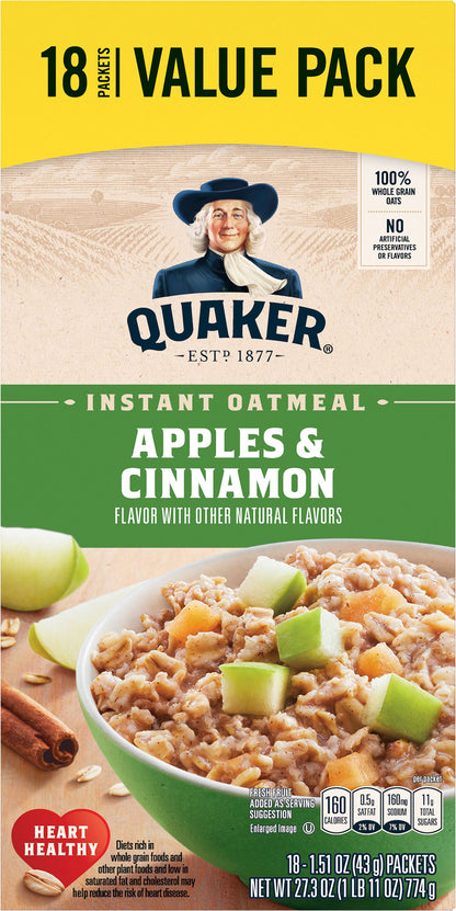 Quaker Instant Oatmeal Apple & Cinnamon 1.51 Oz 18 Count