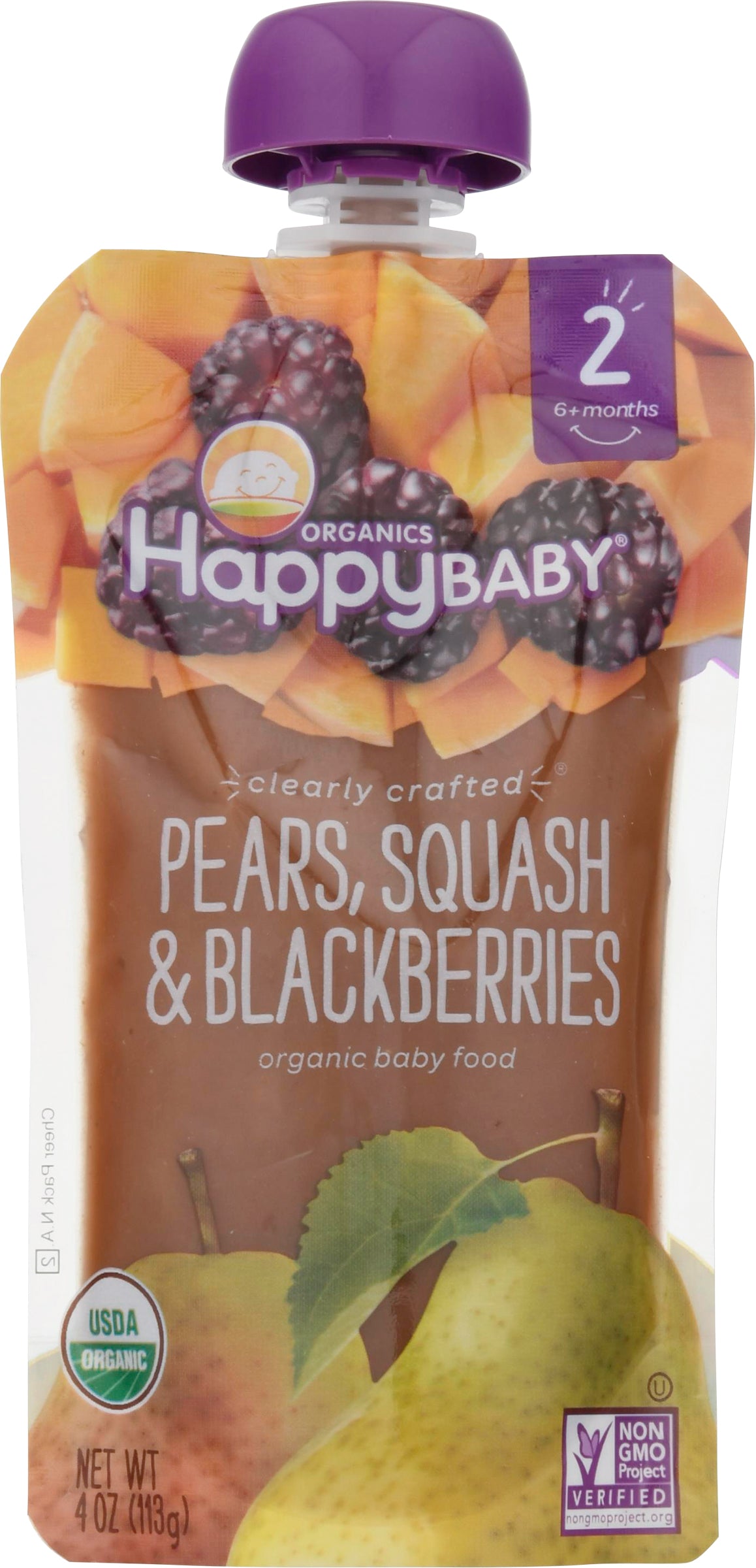 HappyBaby Organics 2 (6+ Months) Organic Pears, Squash & Blackberries Baby Food 4 oz