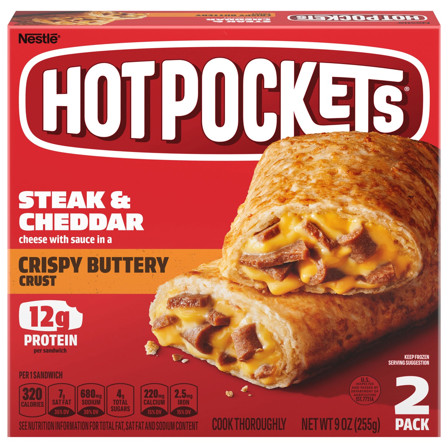 HOT POCKETS Steak and Cheddar Frozen Sandwiches 2 ct Box | Frozen Food with Cheddar Cheese