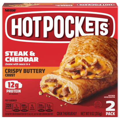 HOT POCKETS Steak and Cheddar Frozen Sandwiches 2 ct Box | Frozen Food with Cheddar Cheese