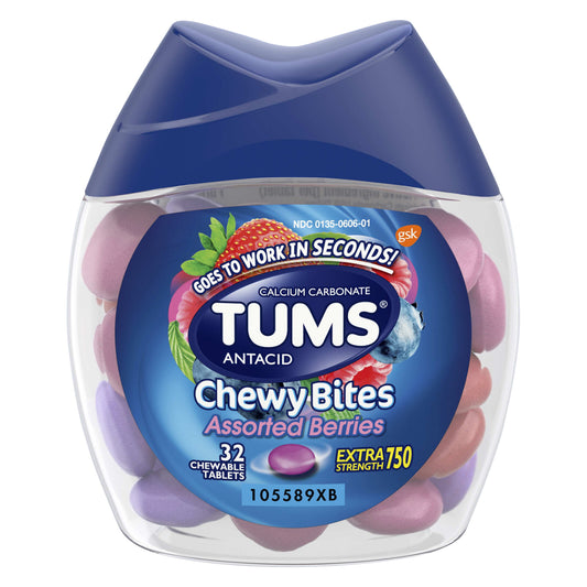 TUMS Chewy Bites Chewable Antacid Tablets for Heartburn Relief, Assorted Berries - 32 Count