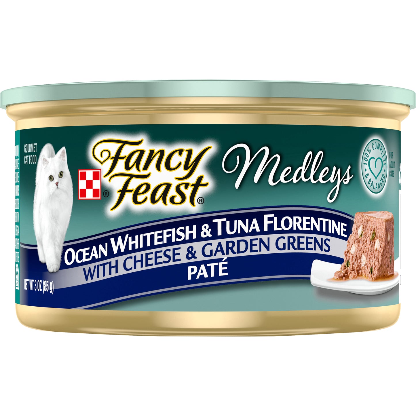 Purina Fancy Feast Pate Wet Cat Food, Medleys Whitefish & Tuna Florentine With Cheese - 3 oz. Can