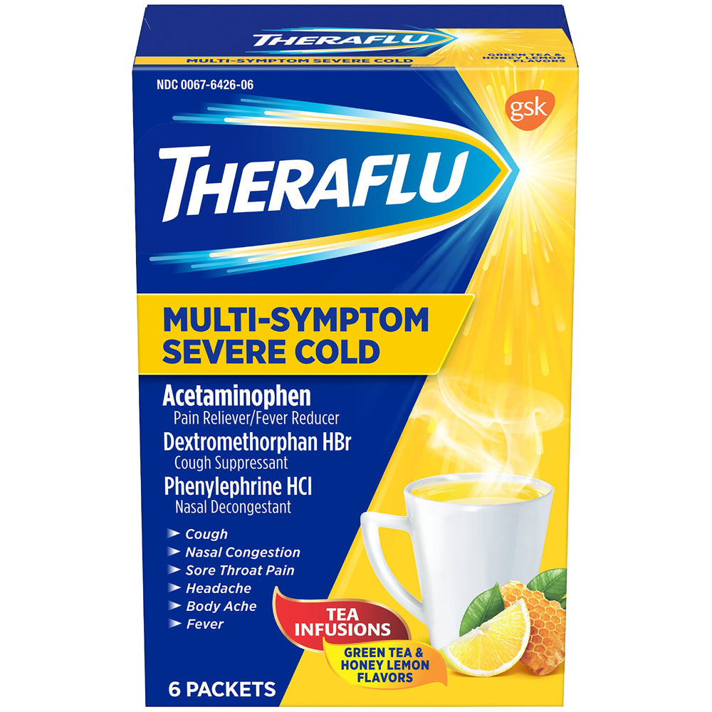 Theraflu Multi-Symptom Severe Cold Hot Liquid Powder Tea Infusions Green Tea and Honey Lemon Flavors