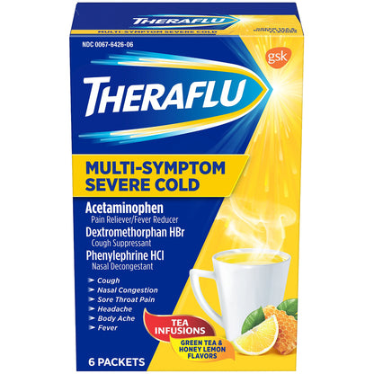 Theraflu Multi-Symptom Severe Cold Hot Liquid Powder Tea Infusions Green Tea and Honey Lemon Flavors
