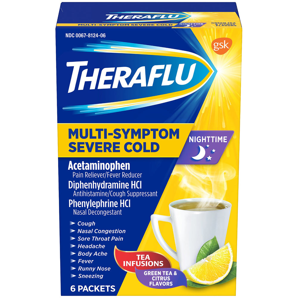 Theraflu Nighttime Multi-Symptom Severe Cold Hot Liquid Powder Green Tea and Citrus Flavors 6 Count