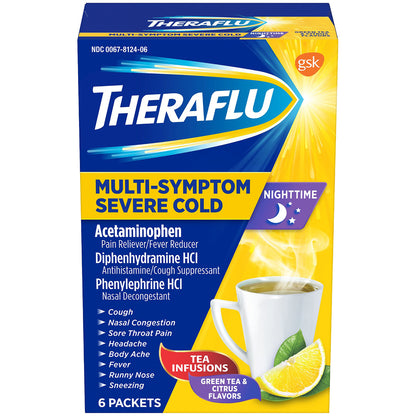 Theraflu Nighttime Multi-Symptom Severe Cold Hot Liquid Powder Green Tea and Citrus Flavors 6 Count